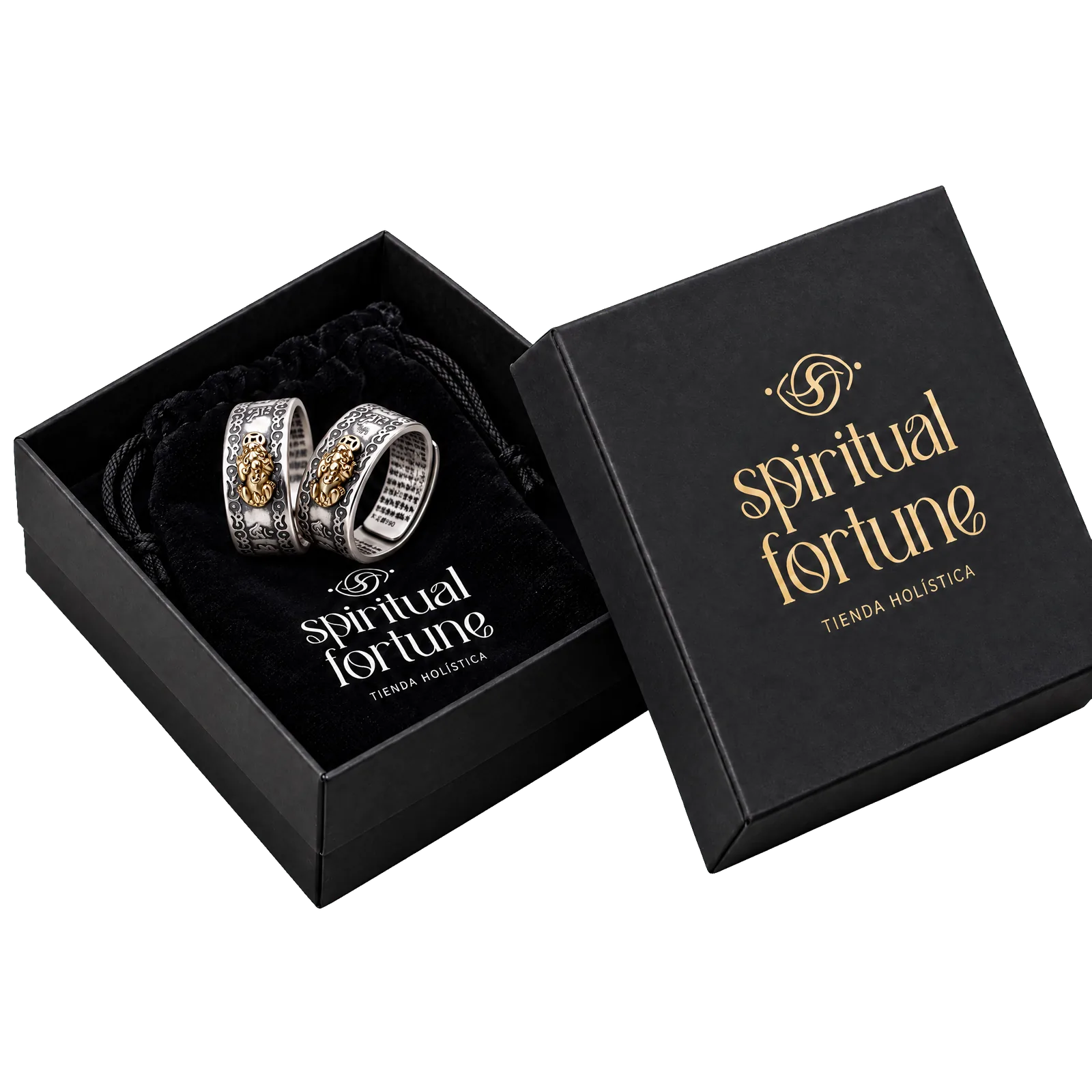 La caja negra Spiritual Fortune abierta, con la bolsa de terciopelo y los 2 anillos dentro