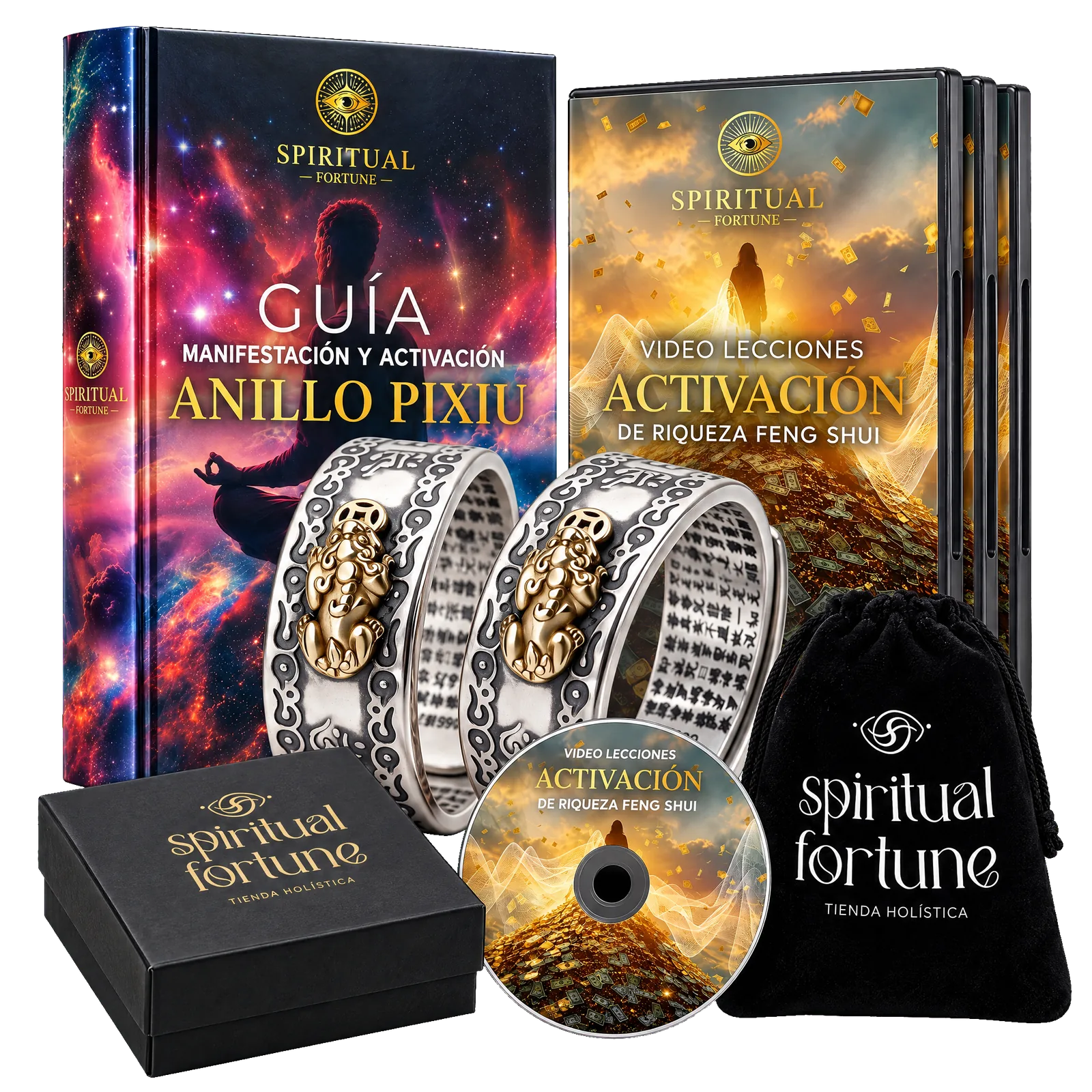 Los 2 anillos, la Guía, las Video Lecciones, la caja negra y la bolsa de terciopelo Spiritual Fortune